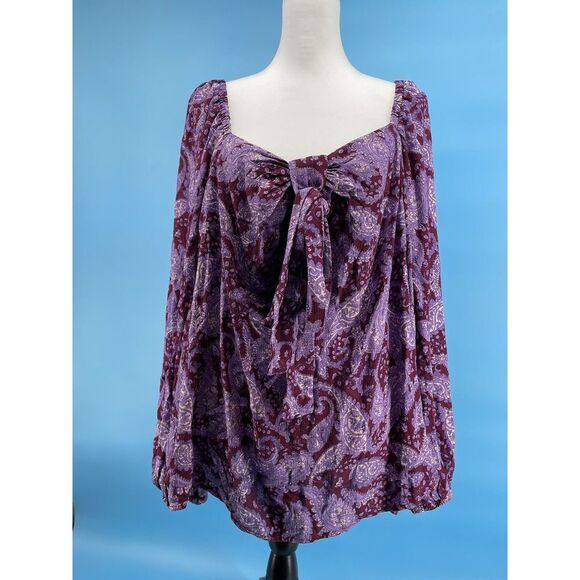 Eloquii Top Women's Sz 22 Off/On Shoulder‎ Purple Boho Floral Balloon Sleeve EUC - Picture 1 of 11